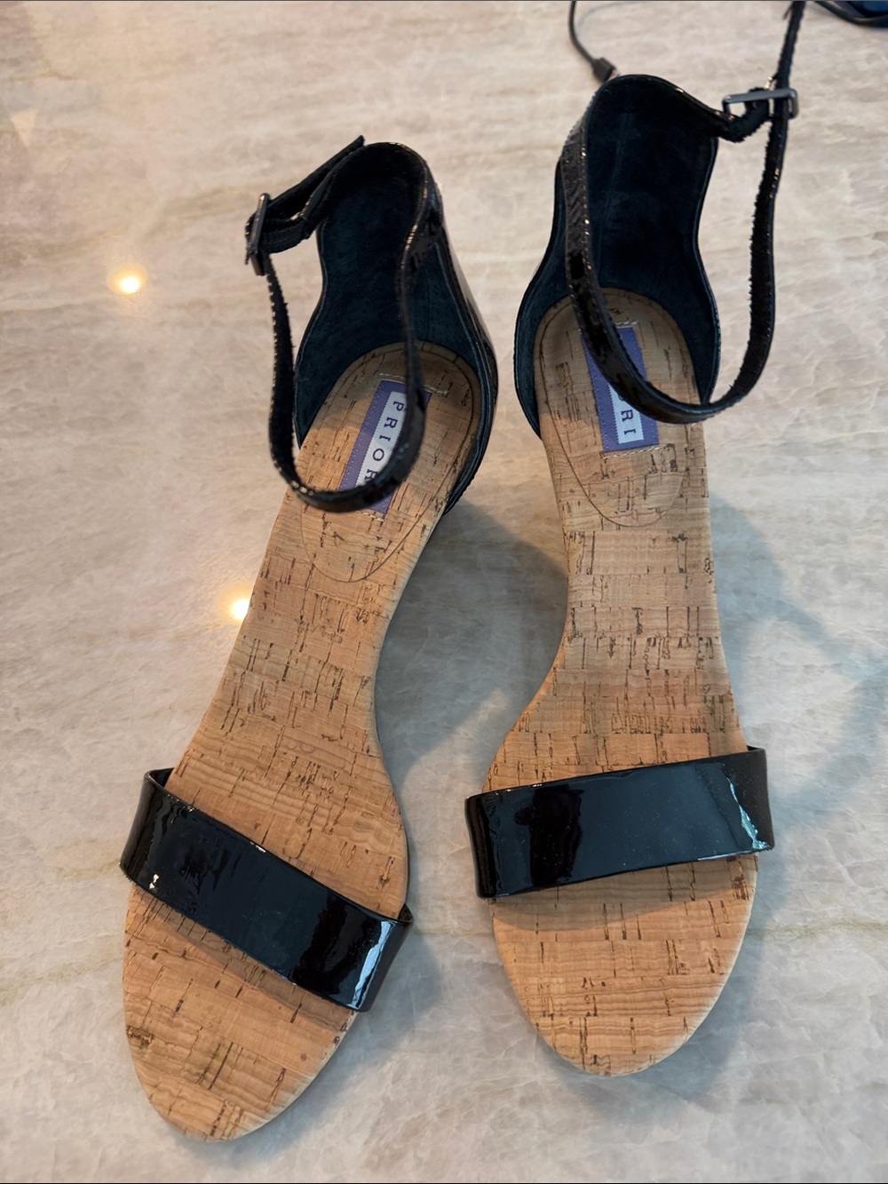 PRIORI Italian Black Patent Cork Flat Sandals with Ankle Strap